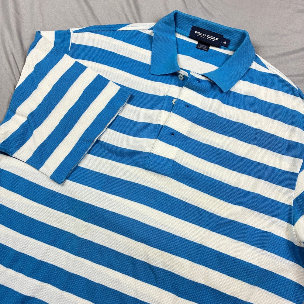 Polo Golf Ralph Lauren Polo Shirt Mens XL Blue White Striped Pique Preppy Sporty